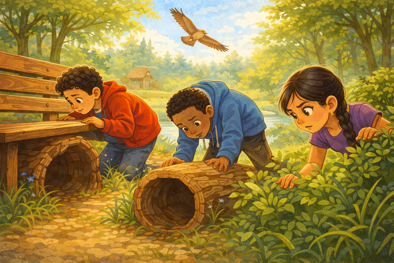 Kids searching quietly with hawk above