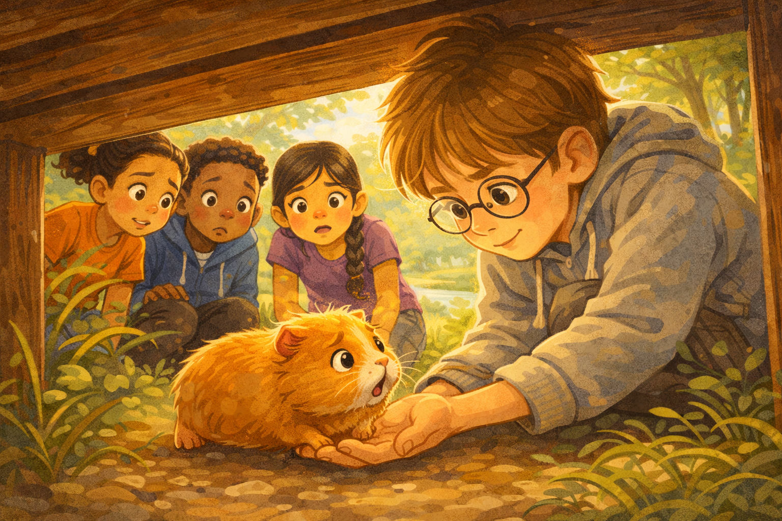 Liam rescuing Peanut from under the bench